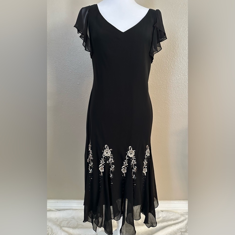 S.L. Fashions Black Dress with White Embroidery